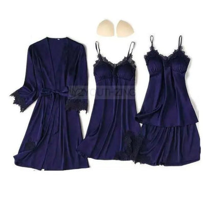 Pajama Set Women Lace Trim Satin Sleepwear Pyjamas Nightwear With Pants - Hot Trends