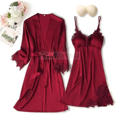 Pajama Set Women Lace Trim Satin Sleepwear Pyjamas Nightwear With Pants - Hot Trends