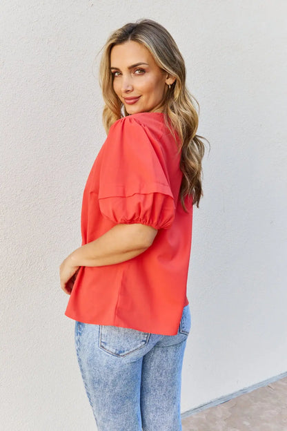 Petal Dew Sweet Innocence Full Size Puff Short Sleeve Top In Tomato - Hot Trends