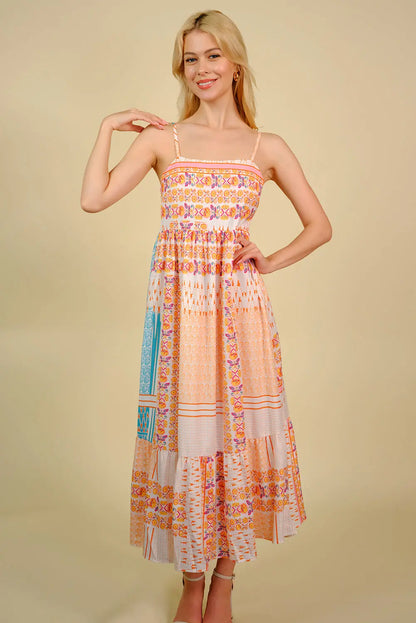 Printed Spaghetti Strap Smocked Midi Dress  Hot Trends