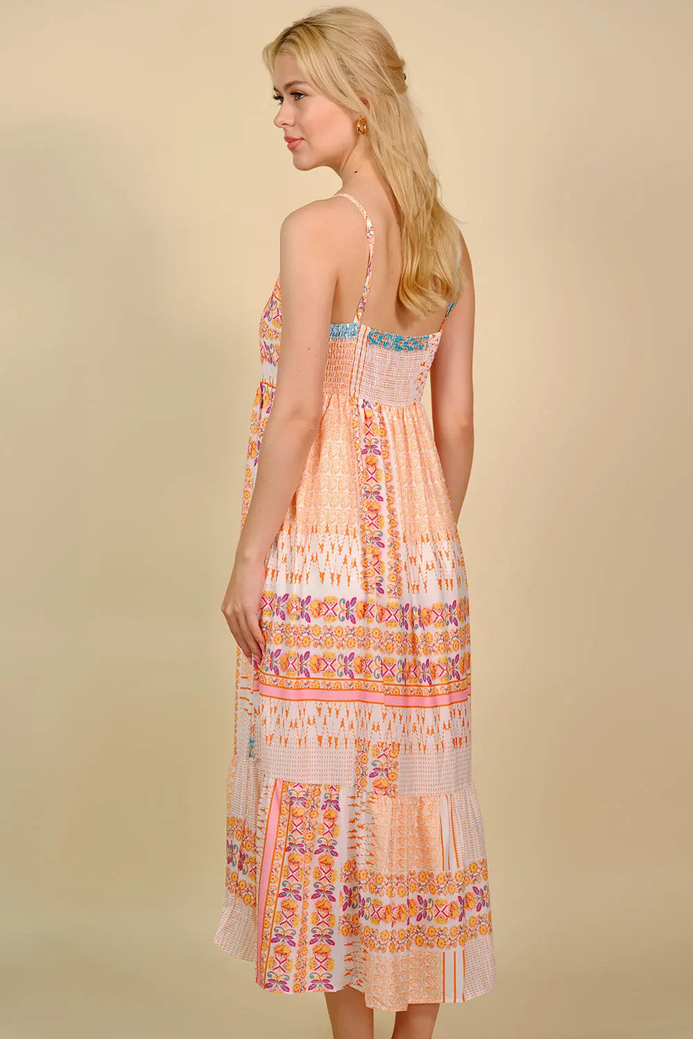 Printed Spaghetti Strap Smocked Midi Dress  Hot Trends