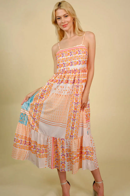 Printed Spaghetti Strap Smocked Midi Dress  Hot Trends