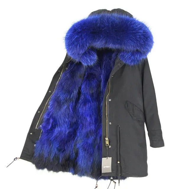 Mens Mink Fur Lined Long Coat Fox Fur Collar Hooded Warm Winter Outwear  Parka XL