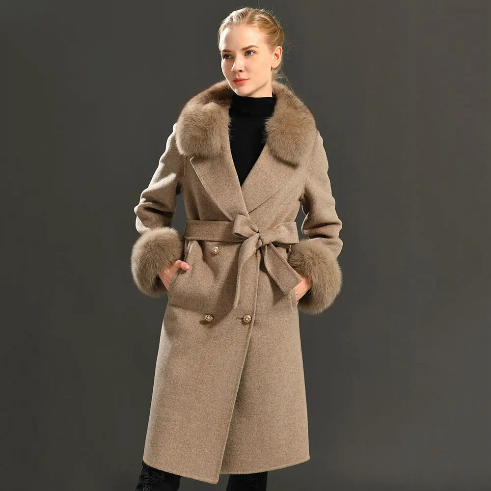 Real Fur Collar Woolen Adjustable Waist Slim Long Women's Overcoat Jacket - Hot Trends Online