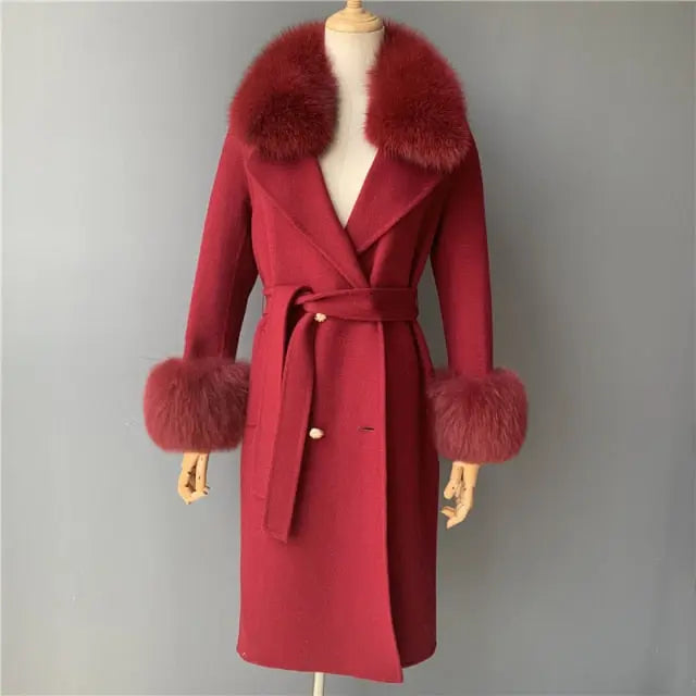 Real Fur Collar Woolen Adjustable Waist Slim Long Women's Overcoat Jacket - Hot Trends Online