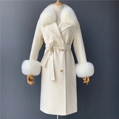 Real Fur Collar Woolen Adjustable Waist Slim Long Women's Overcoat Jacket - Hot Trends Online