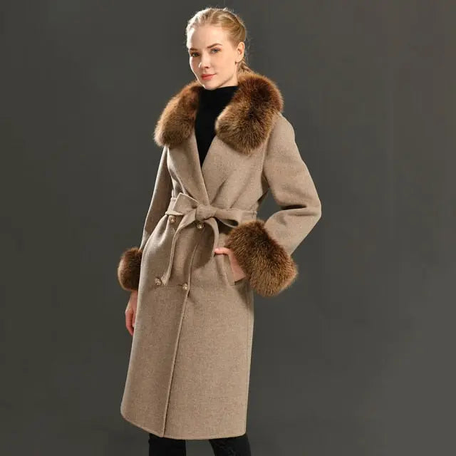 Real Fur Collar Woolen Adjustable Waist Slim Long Women's Overcoat Jacket - Hot Trends Online