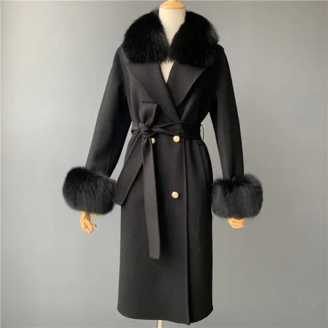 Real Fur Collar Woolen Adjustable Waist Slim Long Women's Overcoat Jacket - Hot Trends Online