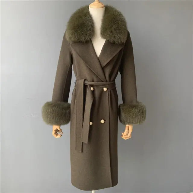 Real Fur Collar Woolen Adjustable Waist Slim Long Women's Overcoat Jacket - Hot Trends Online