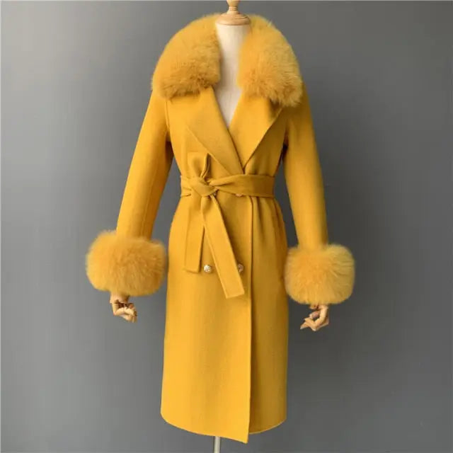 Real Fur Collar Woolen Adjustable Waist Slim Long Women's Overcoat Jacket - Hot Trends Online