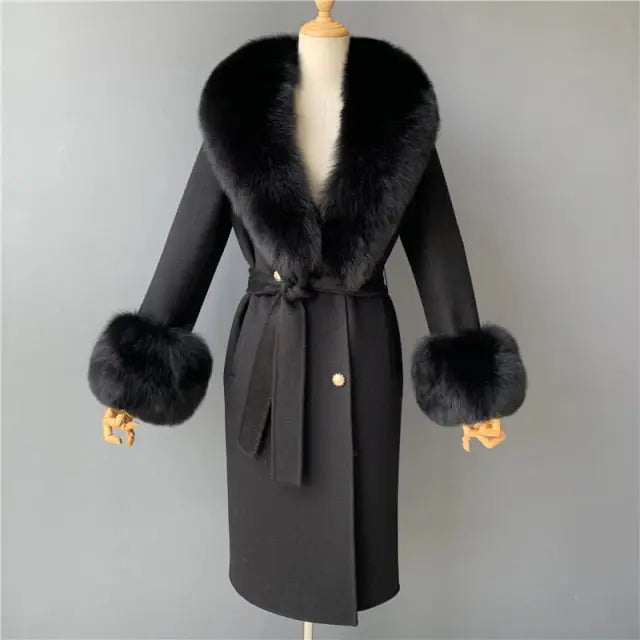 Real Fur Collar Woolen Adjustable Waist Slim Long Women's Overcoat Jacket - Hot Trends Online