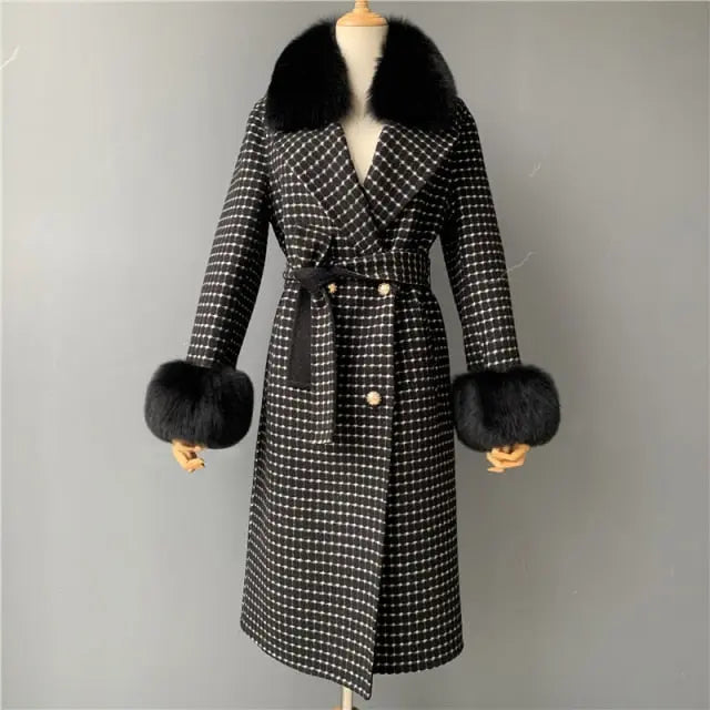 Real Fur Collar Woolen Adjustable Waist Slim Long Women's Overcoat Jacket - Hot Trends Online