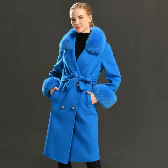 Real Fur Collar Woolen Adjustable Waist Slim Long Women's Overcoat Jacket - Hot Trends Online