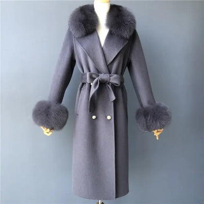 Real Fur Collar Woolen Adjustable Waist Slim Long Women's Overcoat Jacket - Hot Trends Online