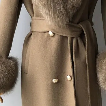 Real Fur Collar Woolen Adjustable Waist Slim Long Women's Overcoat Jacket - Hot Trends Online