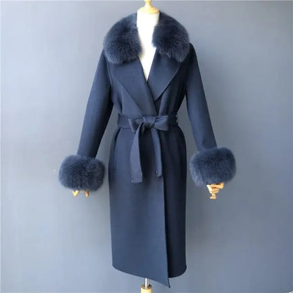 Real Fur Collar Woolen Adjustable Waist Slim Long Women's Overcoat Jacket - Hot Trends Online