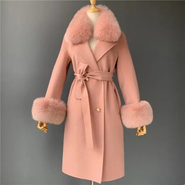 Real Fur Collar Woolen Adjustable Waist Slim Long Women's Overcoat Jacket - Hot Trends Online