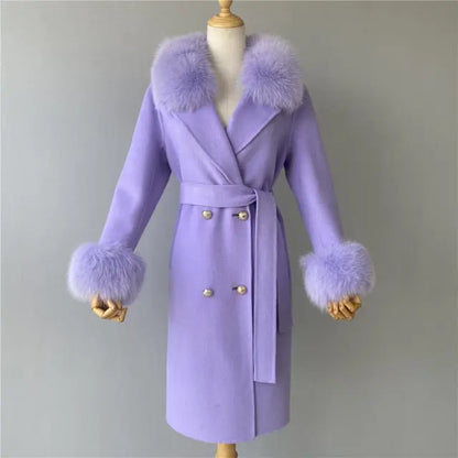 Real Fur Collar Woolen Adjustable Waist Slim Long Women's Overcoat Jacket - Hot Trends Online