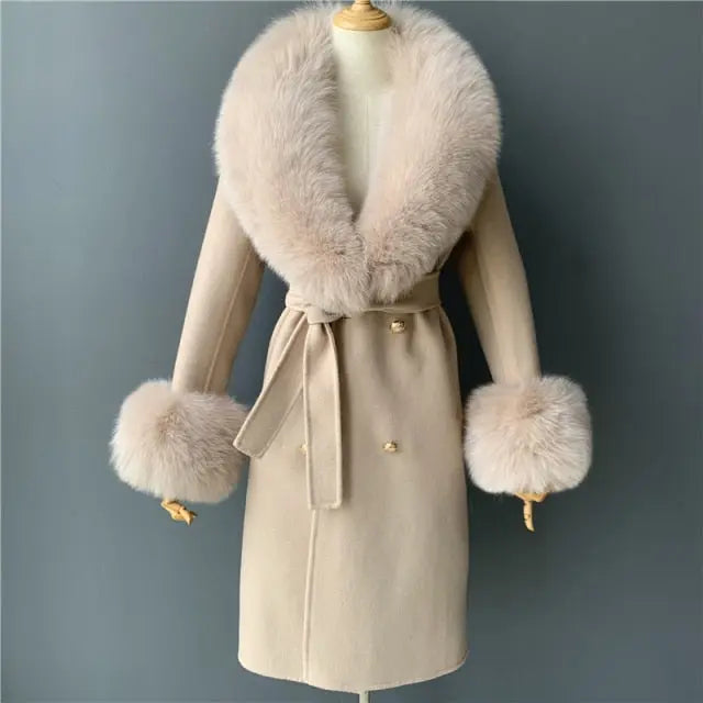 Real Fur Collar Woolen Adjustable Waist Slim Long Women's Overcoat Jacket - Hot Trends Online