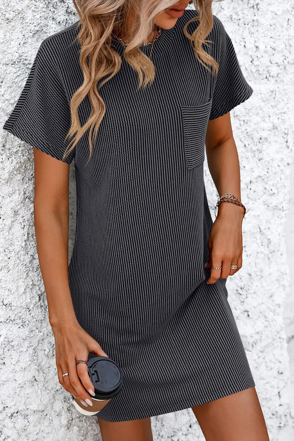 Ribbed Striped Short Sleeve Mini Tee Dress  Hot Trends