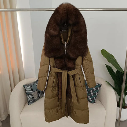 Real Fox Fur Collar Winter Women White Duck Down Long Parka Jacket Belt Female Thick Warm Coat Luxury Slim Hooded Outerwear Hot Trends