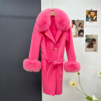 Cashmere Coat Winter Jacket Women Real Fox Fur Collar Wool Blends Double Breasted Loose Warm Luxury Fashion Outerwear Hot Trends