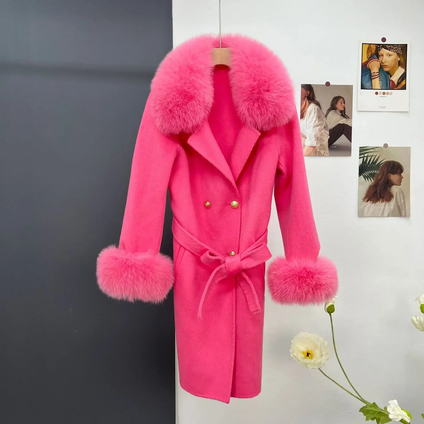 Cashmere Coat Winter Jacket Women Real Fox Fur Collar Wool Blends Double Breasted Loose Warm Luxury Fashion Outerwear Hot Trends