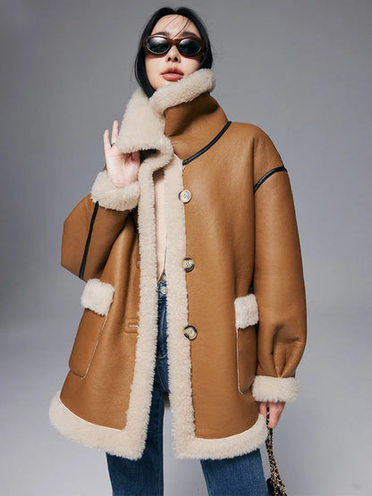 2023 Double-sided Wear Wool Jacket for Women Autumn Winter 100% Real  Fur Coat Natural Sheep Loose Warm Luxury Street coat Hot Trends