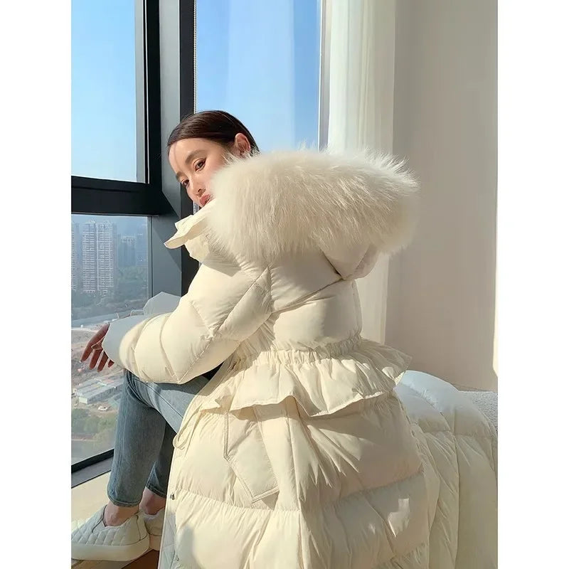 Luxury Natural Fox Fur 2023 Winter Women Puffer Jacket Long Parkas 90% White Duck Down Coats Hooded Warm Rouched Waist Outwear Hot Trends