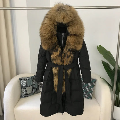 Real Fox Fur Collar Winter Women White Duck Down Long Parka Jacket Belt Female Thick Warm Coat Luxury Slim Hooded Outerwear Hot Trends