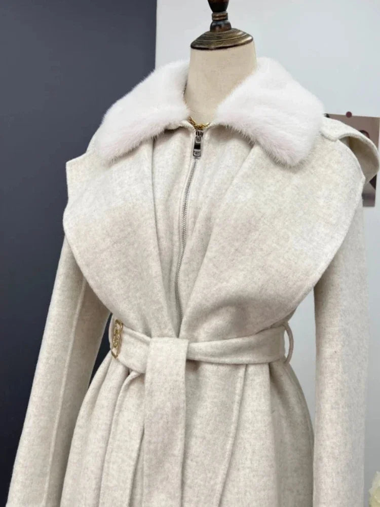 Winter Women Jacket Real Natural Mink Fur Collar Hooded Coat 90% Wool Blends 10% Cashmere Belt Warm Streetwear Hot Trends