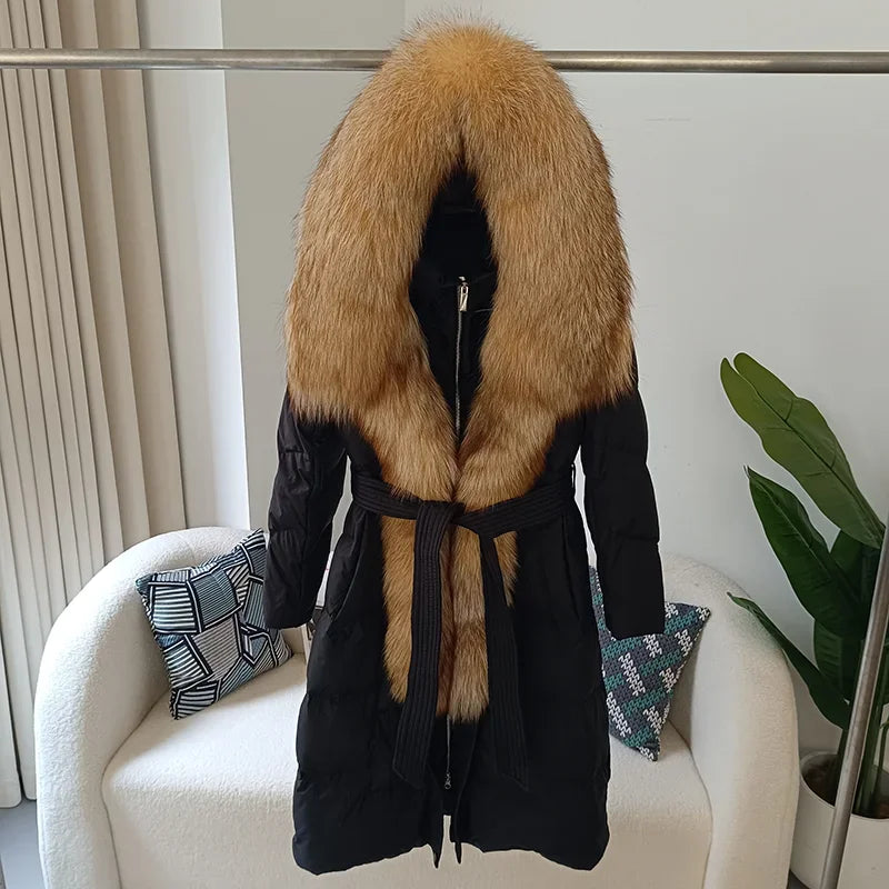 Real Fox Fur Collar Winter Women White Duck Down Long Parka Jacket Belt Female Thick Warm Coat Luxury Slim Hooded Outerwear Hot Trends