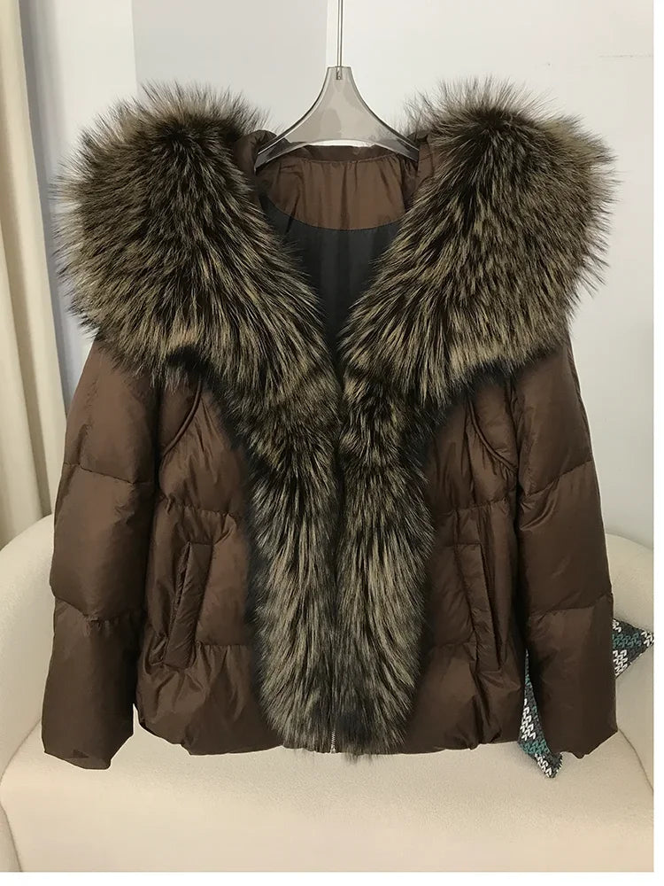 2023 Real Fox Fur Coat Winter Women New Natural Collar Thick Warm  Hooded Duck Down Jacket Luxury Outwear Female Loose Hot Trends