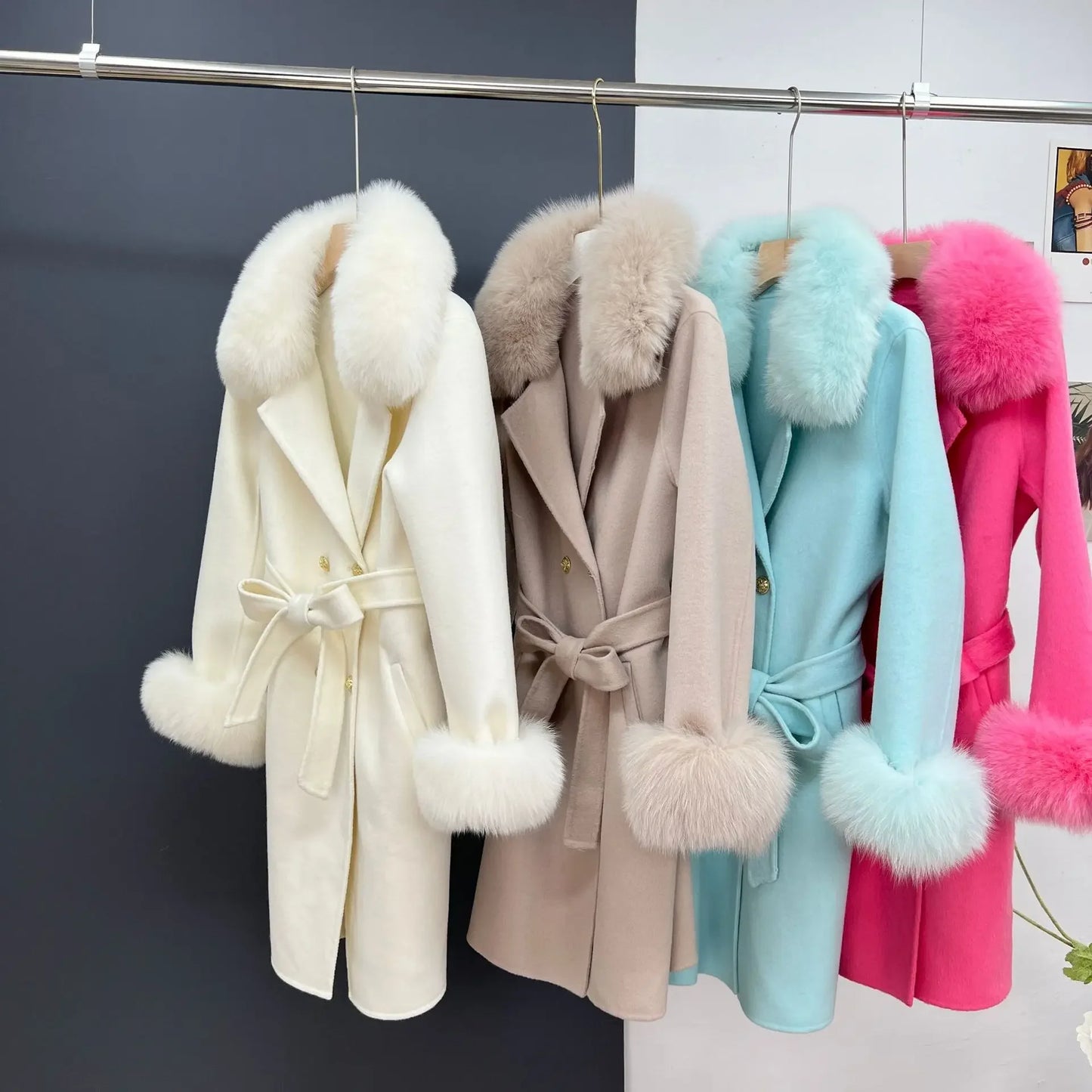 Cashmere Coat Winter Jacket Women Real Fox Fur Collar Wool Blends Double Breasted Loose Warm Luxury Fashion Outerwear  Hot Trends