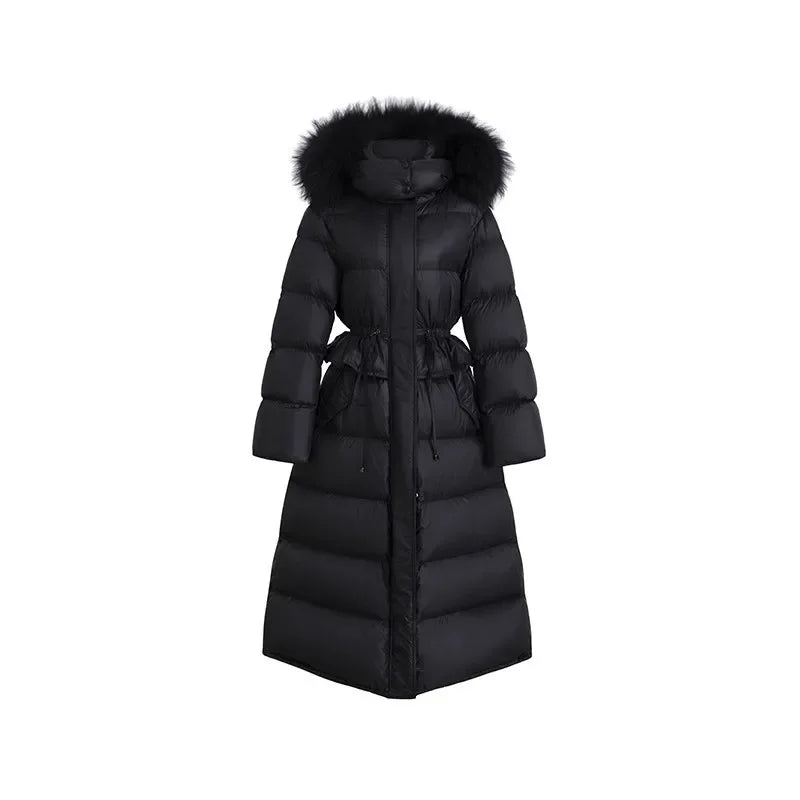 Luxury Natural Fox Fur 2023 Winter Women Puffer Jacket Long Parkas 90% White Duck Down Coats Hooded Warm Rouched Waist Outwear Hot Trends