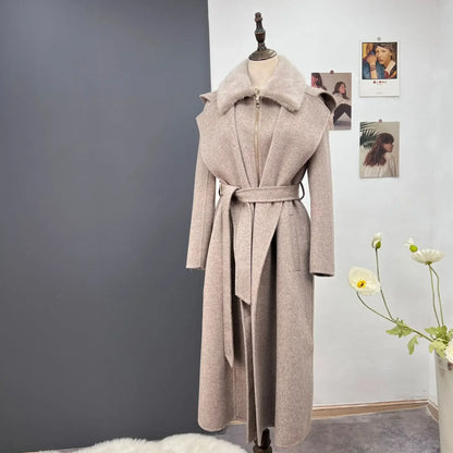 Winter Women Jacket Real Natural Mink Fur Collar Hooded Coat 90% Wool Blends 10% Cashmere Belt Warm Streetwear