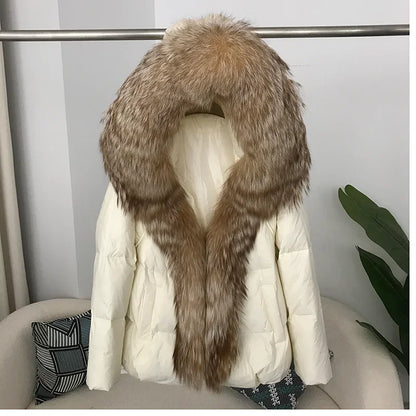 2023 Real Fox Fur Coat Winter Women New Natural Collar Thick Warm Hooded Duck Down Jacket Luxury Outwear Female Loose Hot Trends