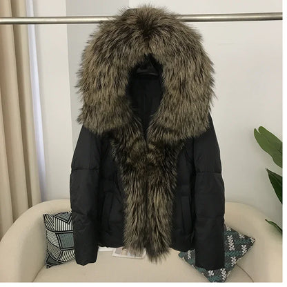 2023 Real Fox Fur Coat Winter Women New Natural Collar Thick Warm  Hooded Duck Down Jacket Luxury Outwear Female Loose Hot Trends