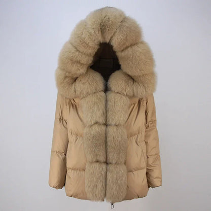 2023 Real Fox Fur Coat Winter Women New Natural Collar Thick Warm Hooded Duck Down Jacket Luxury Outwear Female Loose Hot Trends