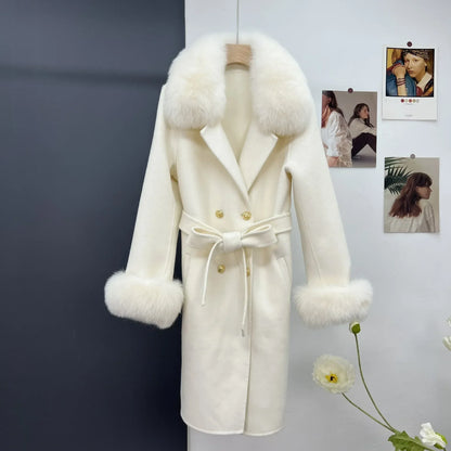 Cashmere Coat Winter Jacket Women Real Fox Fur Collar Wool Blends Double Breasted Loose Warm Luxury Fashion Outerwear Hot Trends