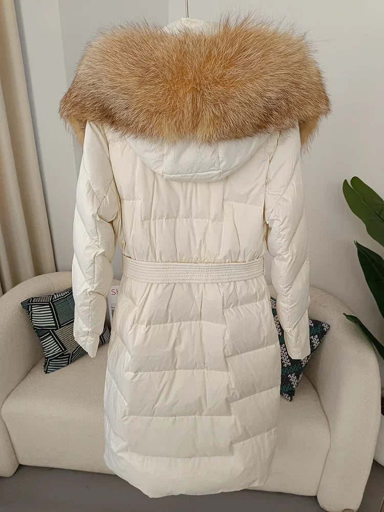 Luxury Natural Fox Fur Hooded Down Jacket Winter White Duck Down Thicken  Warm Drawstring Slim Coats Women Long Puffer Outerwear