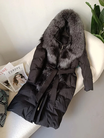 Real Fox Fur Collar Winter Women Parka White Duck Down Long Jacket Belt Female Thick Warm Coat Luxury Slim Hooded Outerwear  Hot Trends