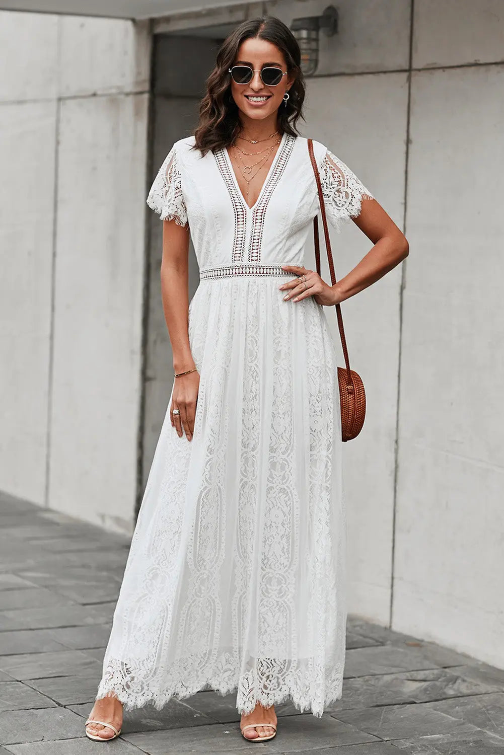 Scalloped Trim Lace Plunge Dress - Hot Trends