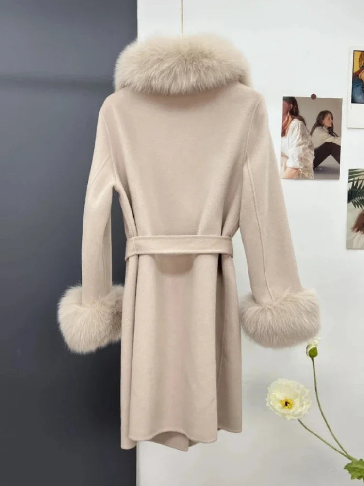 Cashmere Coat Winter Jacket Women Real Fox Fur Collar Wool Blends Double Breasted Loose Warm Luxury Fashion Outerwear  Hot Trends