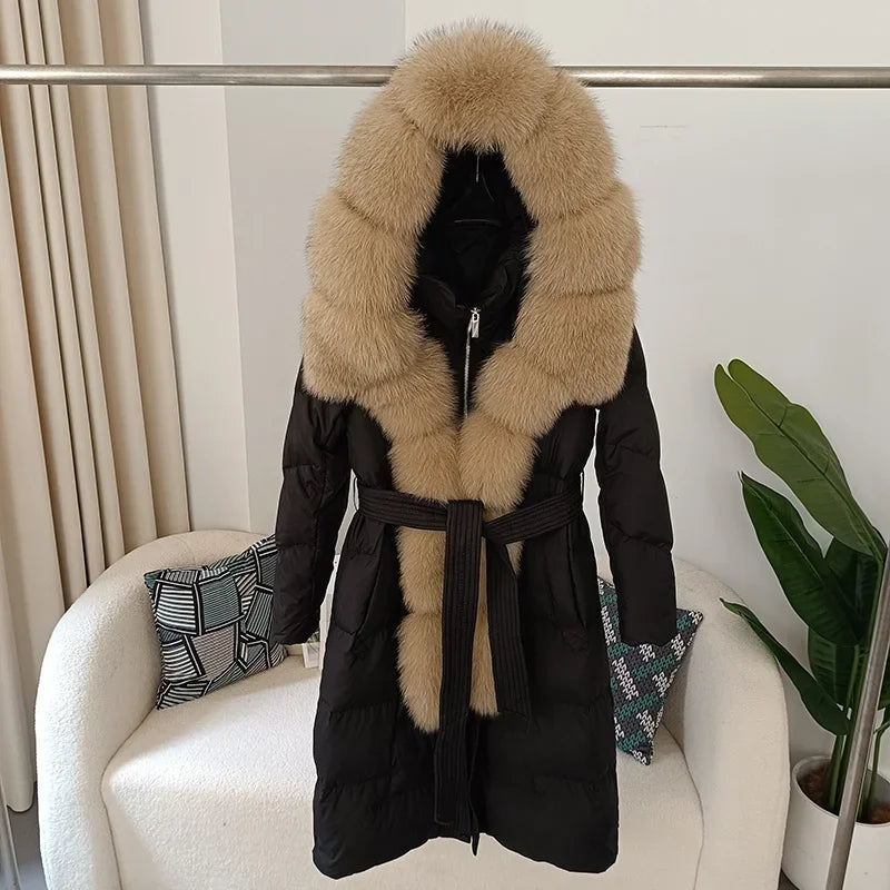 Real Fox Fur Collar Winter Women White Duck Down Long Parka Jacket Belt Female Thick Warm Coat Luxury Slim Hooded Outerwear Hot Trends