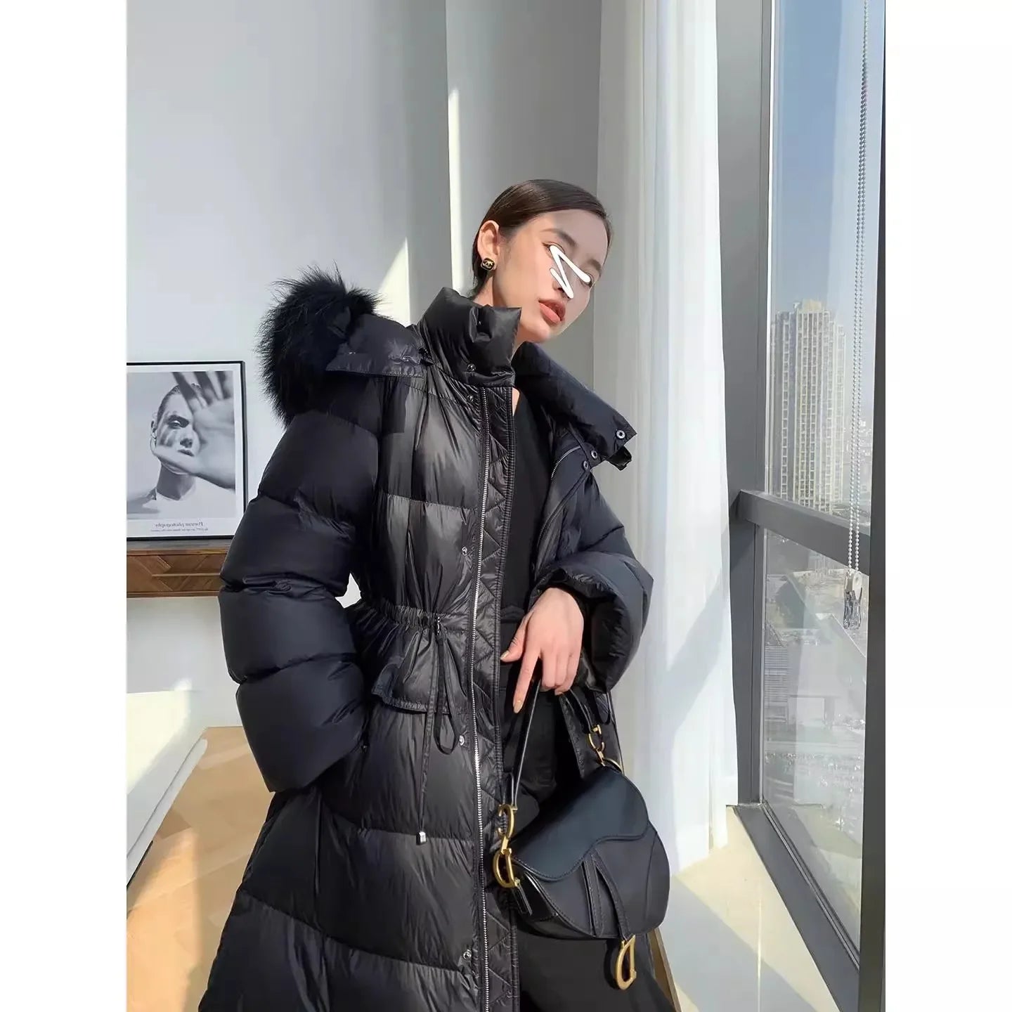 Luxury Natural Fox Fur 2023 Winter Women Puffer Jacket Long Parkas 90% White Duck Down Coats Hooded Warm Rouched Waist Outwear  Hot Trends