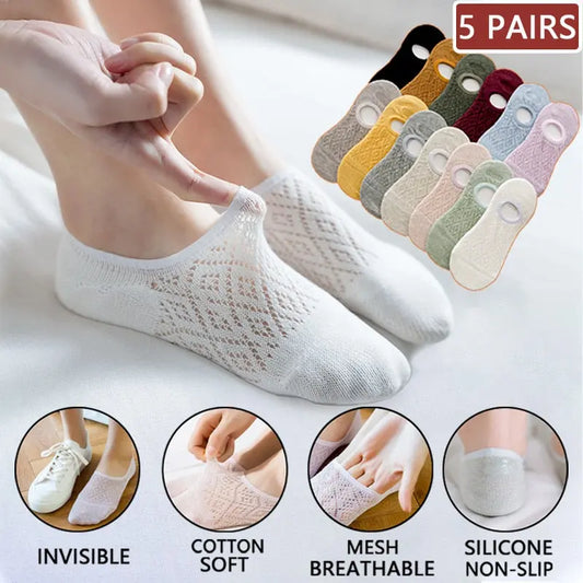 5 Pairs/Set Women Silicone non-slip invisible Solid Color Mesh Ankle Boat  Cotton Socks - Hot Trends