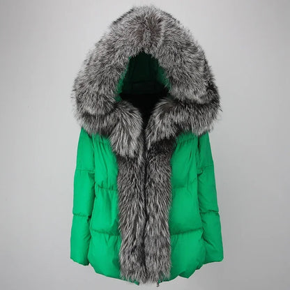 2023 Real Fox Fur Coat Winter Women New Natural Collar Thick Warm  Hooded Duck Down Jacket Luxury Outwear Female Loose