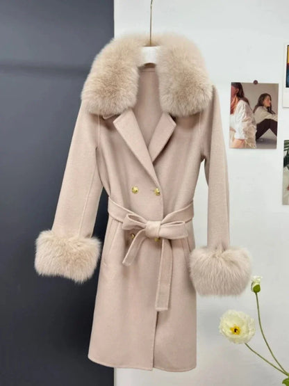 Cashmere Coat Winter Jacket Women Real Fox Fur Collar Wool Blends Double Breasted Loose Warm Luxury Fashion Outerwear  Hot Trends