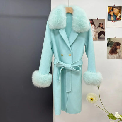 Cashmere Coat Winter Jacket Women Real Fox Fur Collar Wool Blends Double Breasted Loose Warm Luxury Fashion Outerwear Hot Trends